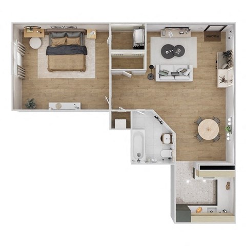 Floor plan for 1 bed, 1 bath, 612 sqft
